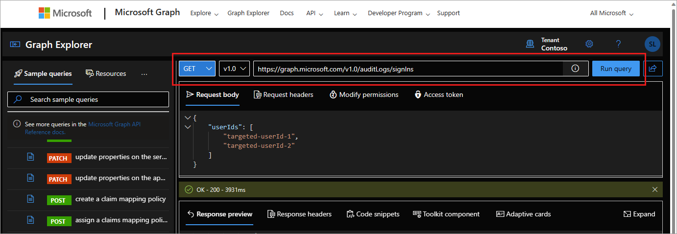 Snímek obrazovky s dotazem GET protokolu aktivit v Microsoft Graphu