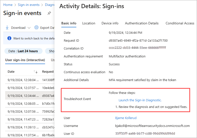 Snímek obrazovky znázorňující, jak spustit diagnostiku přihlašování z Microsoft Entra ID.