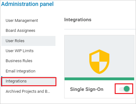 Snímek obrazovky znázorňující panel Správa s vybranou možností Integrace