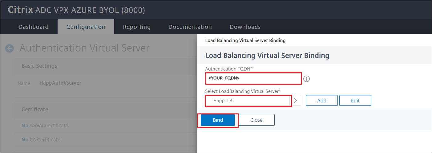 Snímek obrazovky s konektorem SamL Citrix ADC pro konfiguraci Microsoft Entra – podokno vazby virtuálního serveru vyrovnávání zatížení