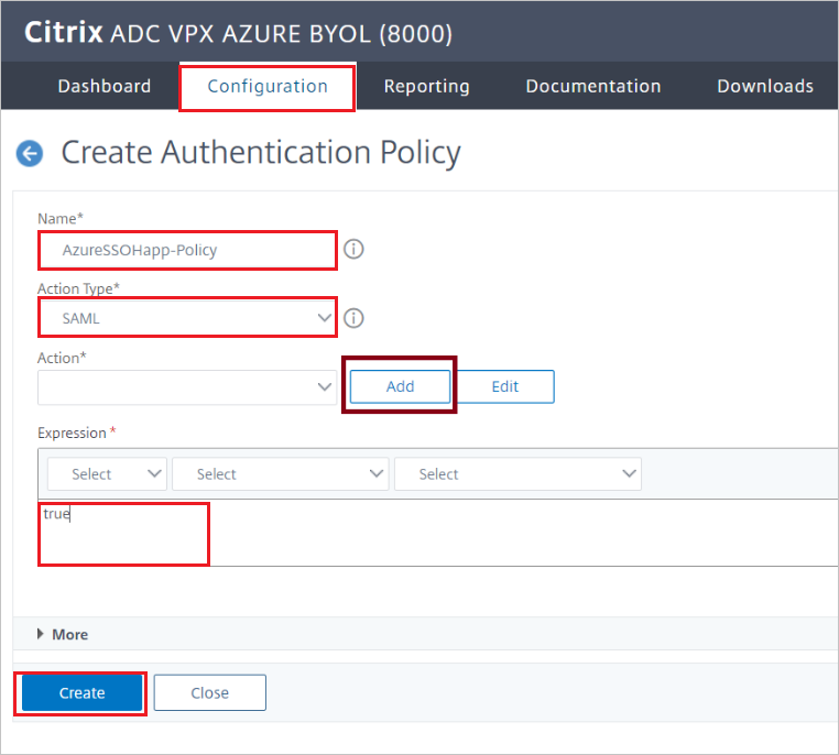 Snímek obrazovky s konektorem SamL Citrix ADC pro konfiguraci Microsoft Entra – podokno Vytvořit zásady ověřování