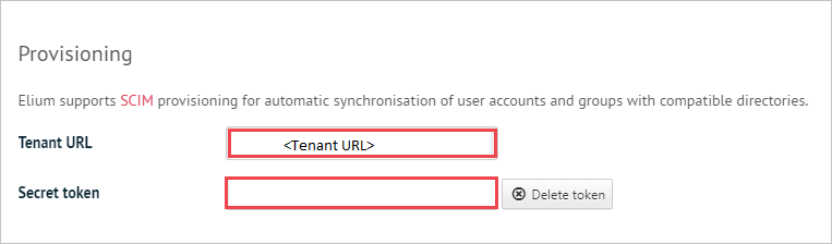 Pole adresy URL tenanta a tokenu tajného kódu v Elium