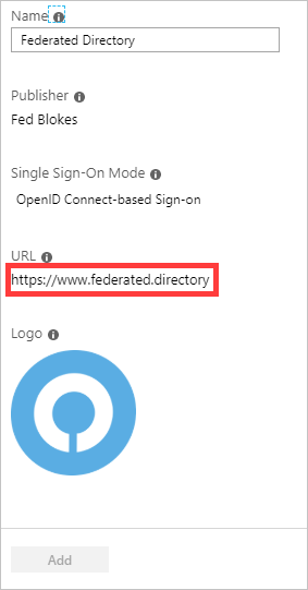 Snímek obrazovky se stránkou na webu Azure Portal, která zobrazuje informace o federovaného adresáři Hodnota U R L je zvýrazněná.