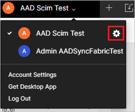 Snímek obrazovky s konzolou pro správu Figma Zobrazí se tenant s názvem A A D Scim Test. Vedle tenanta je zvýrazněná ikona ozubeného kola.