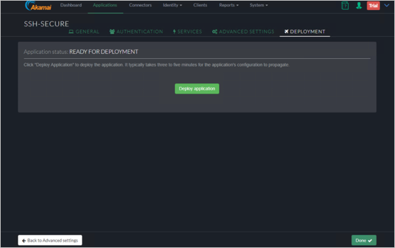 Snímek obrazovky s kartou Nasazení konzoly Akamai EAA pro SSH-SECURE s tlačítkem Nasadit aplikaci