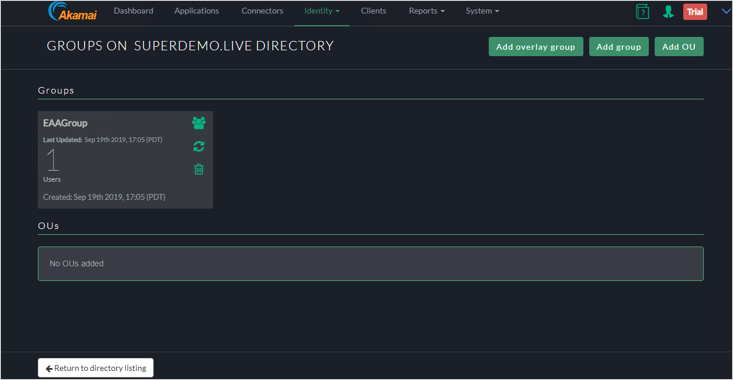 Snímek obrazovky okna SKUPINY konzoly Akamai EAA V OKNĚ SUPERDEMOLIVE DIRECTORY Skupina EAAGroup s 1 uživatelem je uvedená v části Skupiny.