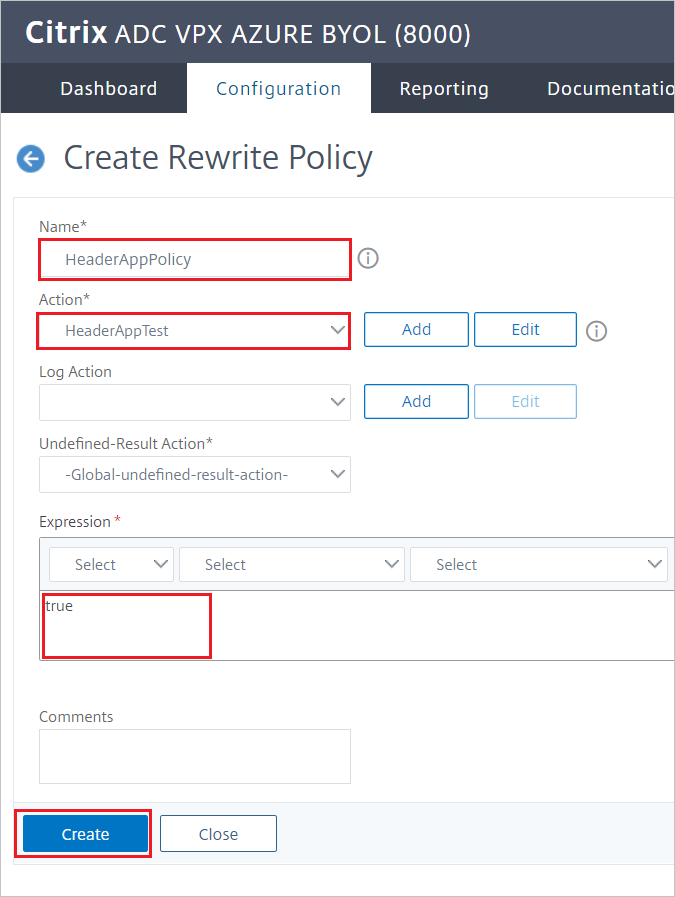 Konfigurace Citrix ADC – Podokno Vytvořit zásadu přepsání