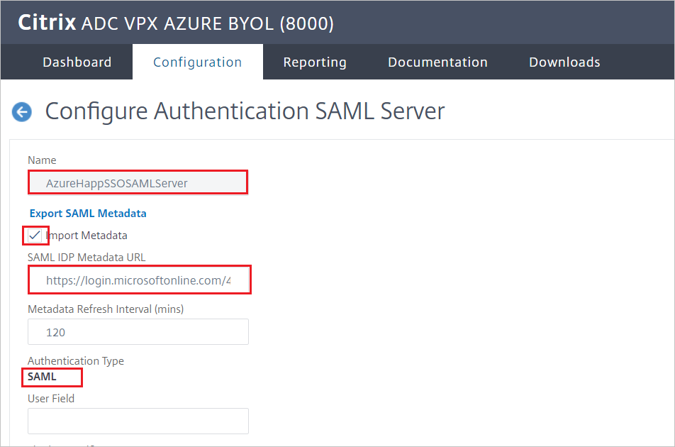 Konfigurace Citrix ADC – Podokno Konfigurace serveru SAML pro ověřování