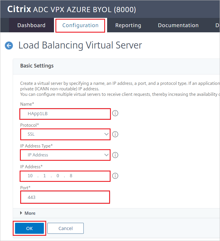 Konfigurace Citrix ADC – podokno Základní nastavení