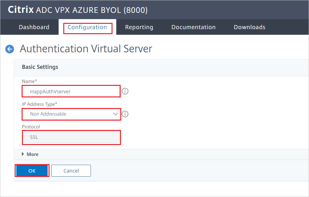 Konfigurace Citrix ADC – podokno Virtuální server ověřování