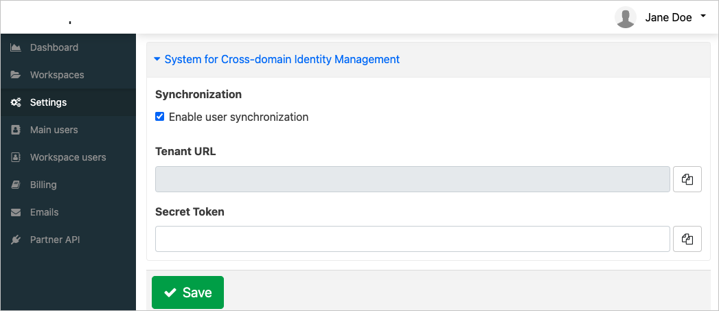 Snímek obrazovky s částí System for Cross-Domain Identity Management v seznamu nastavení