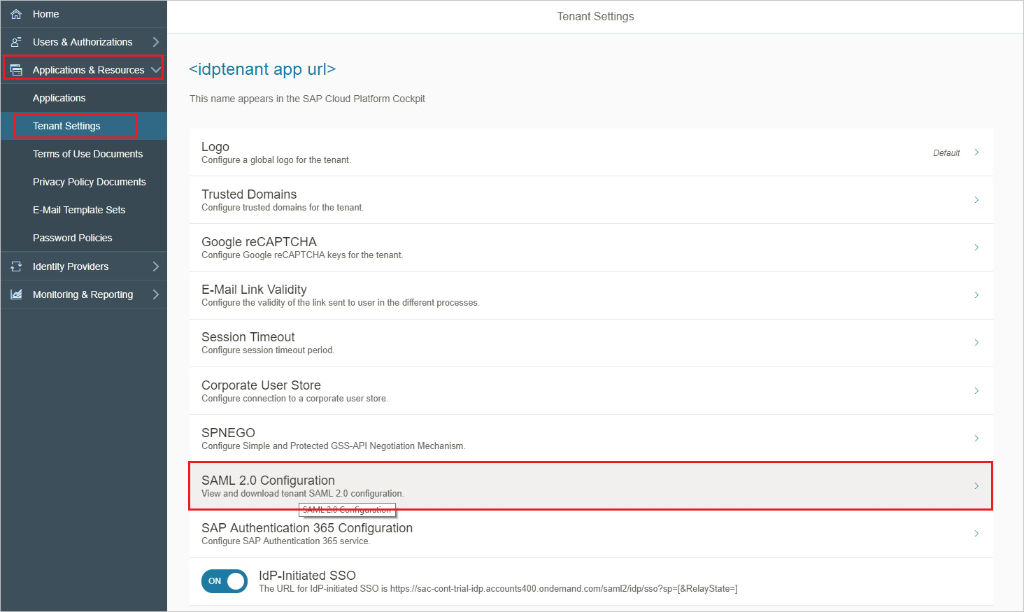 Screenshot that shows the Identity Providers page selected.