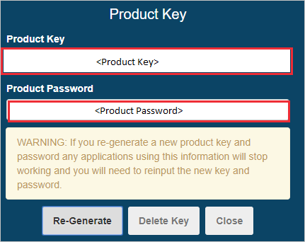 Snímek obrazovky oddílu Kód Product Key s textovými poli Kód Product Key a Kód Product Password