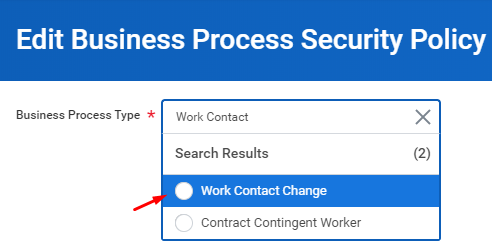 Snímek obrazovky znázorňující stránku Upravit zásady zabezpečení obchodního procesu a změnu pracovního kontaktu vybranou v nabídce Typ obchodního procesu
