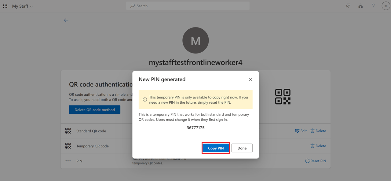 snímek obrazovky, který ukazuje, jak zkopírovat PIN kód v části Moji zaměstnanci