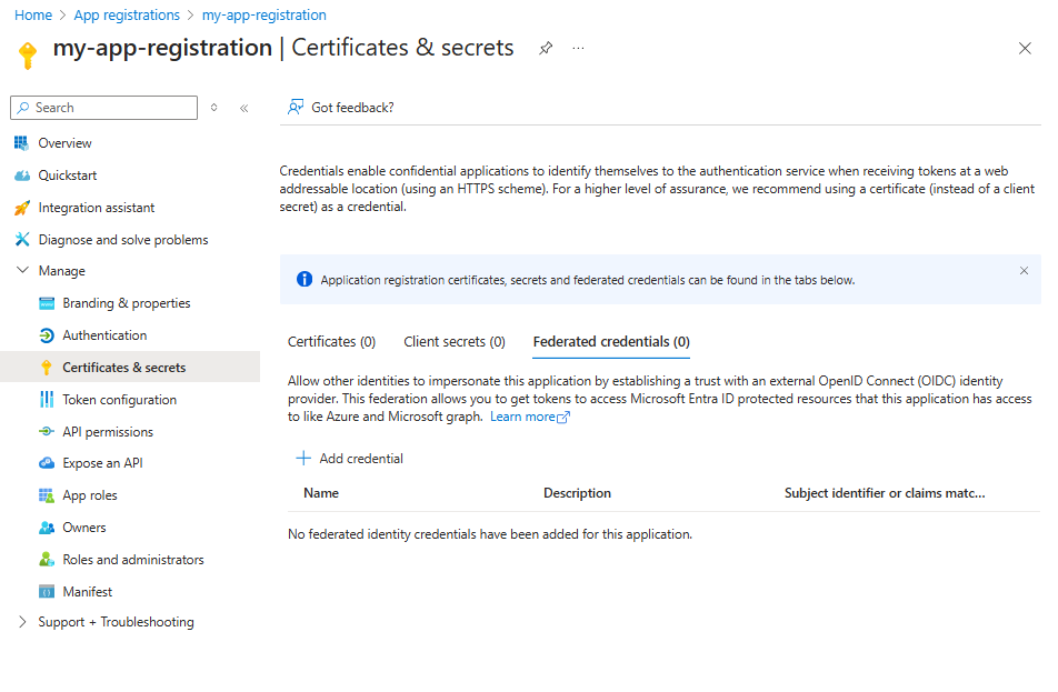 Screenshot of the certificates and secrets pane of the Microsoft Entra admin center with the federated credentials tab highlighted.