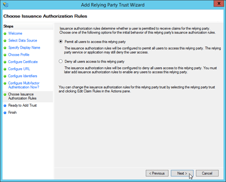 The Choose Issuance Authorization Rules page in the Add Relying Party Trust Wizard.