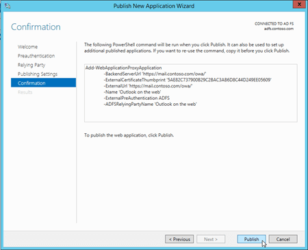 The Confirmation page in the Publish New Application Wizard on the Web Application Proxy server.