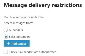 Snímek obrazovky s oknem Omezení doručení zprávy Tlačítko Přidat odesílatele je zvýrazněné.