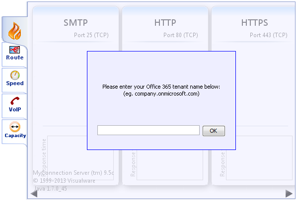 Snímek obrazovky se zadáním názvu tenanta Microsoftu 365 v nástroji Microsoft 365 Network Analysis tool