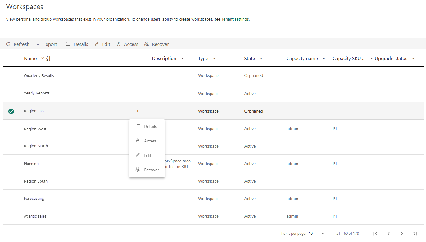 Snímek obrazovky se seznamem pracovních prostorů Power BI na portálu pro správu