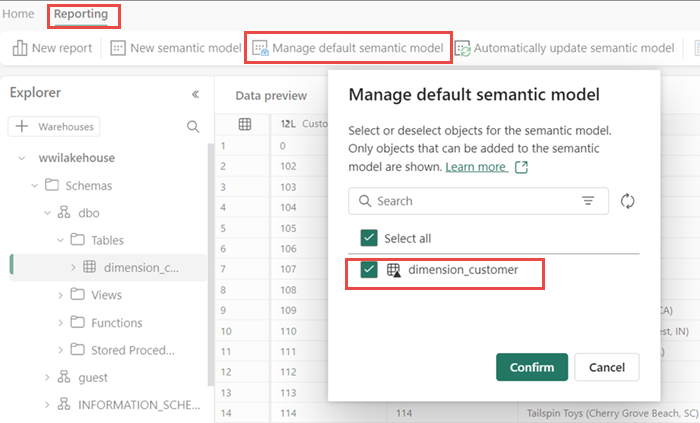 Snímek obrazovky, kde můžete vybrat tabulky, které chcete přidat do sémantického modelu