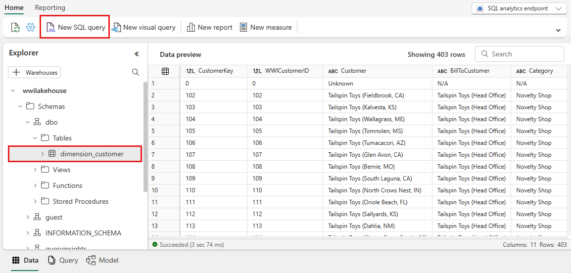 Snímek obrazovky koncového bodu SQL Analytics zobrazující, kde vybrat Nový dotaz SQL