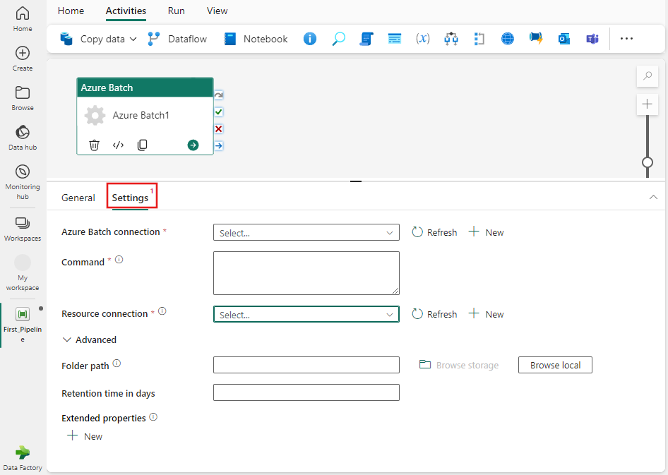 Screenshot showing the Settings tab of the Azure Batch activity.