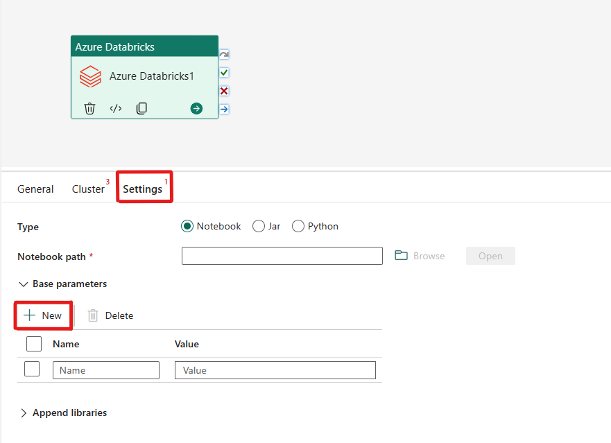 Snímek obrazovky znázorňující, jak předat základní parametry v aktivitě Azure Databricks