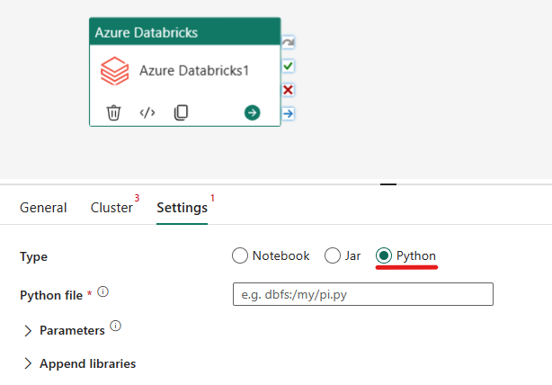 Snímek obrazovky znázorňující typ Pythonu aktivity Azure Databricks