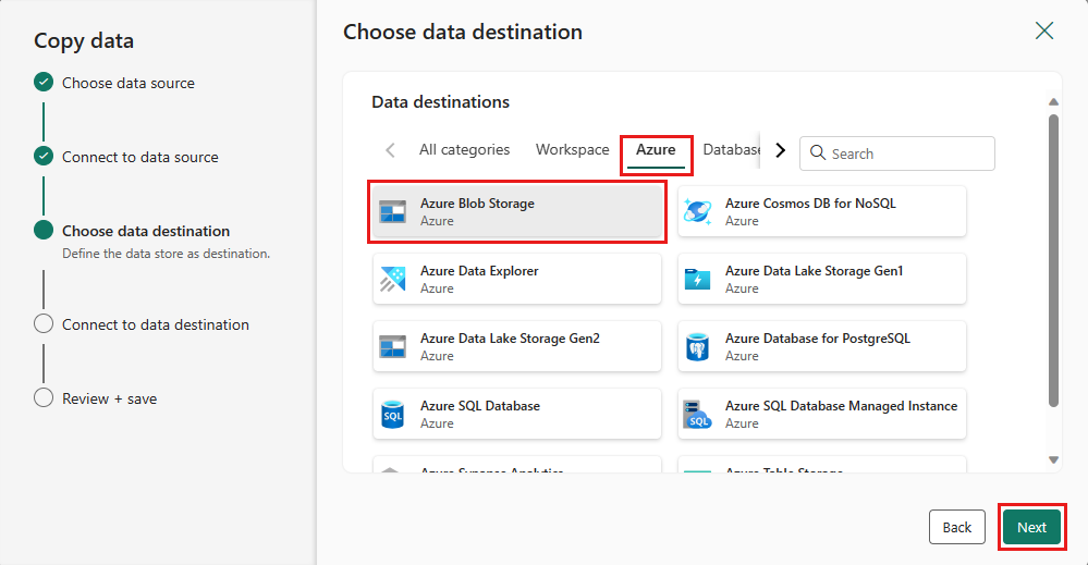 snímek obrazovky znázorňující cíl dat služby Azure Blob Storage