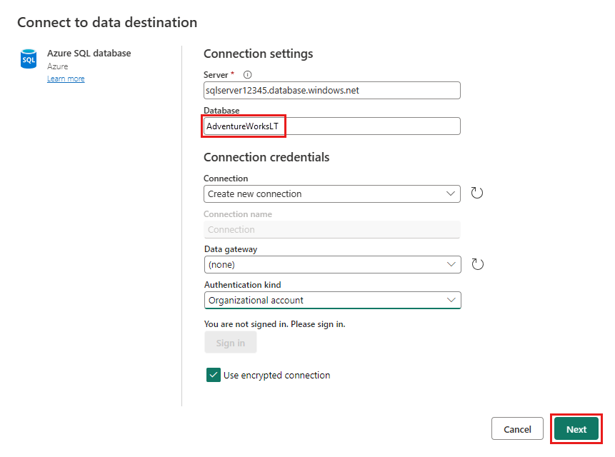 Screenshot showing the Connect to data destination dialog with sample values populated.