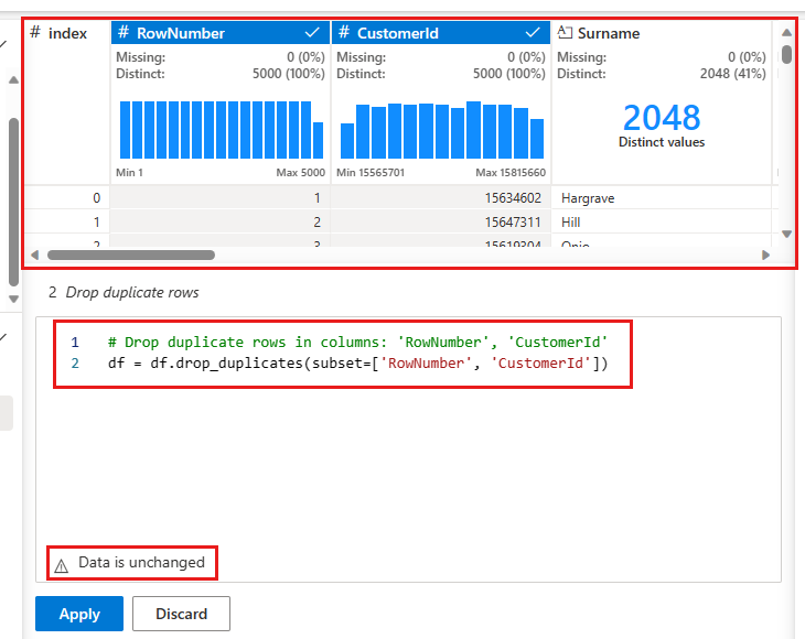 Snímek obrazovky znázorňující vyřazení duplicitních řádků ve službě Data Wrangler