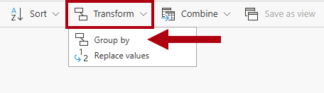Snímek obrazovky s rozevíracím seznamem Transformace a zvýrazněním možnosti Seskupovat podle