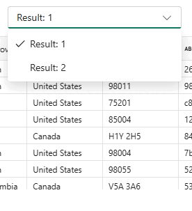 Snímek obrazovky z portálu Fabric editoru dotazů SQL zobrazující několik sad výsledků v rozevíracím seznamu