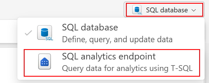 Snímek obrazovky z portálu Fabric s rozevíracím seznamem editoru dotazů obsahujícím možnosti sql database a koncového bodu analýzy SQL