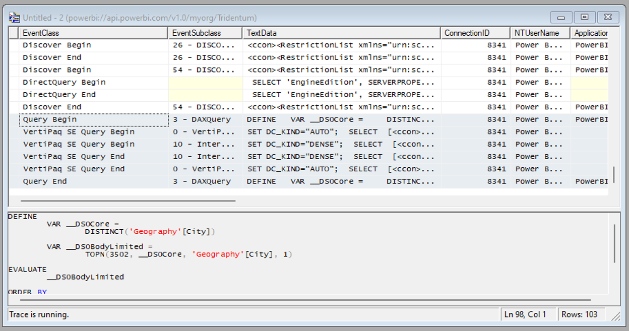 Snímek obrazovky s událostmi zpracování dotazů v SQL Server Profileru