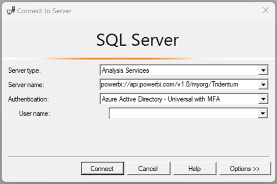 Snímek obrazovky s dialogovým oknem Připojit k serveru v SQL Server Profileru