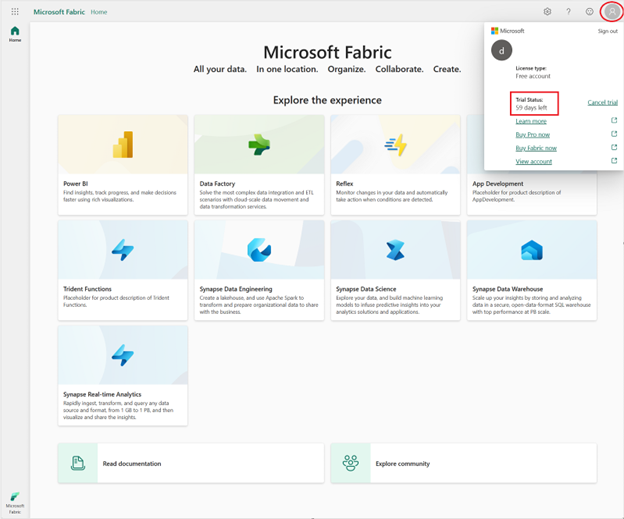 Snímek obrazovky se stavem zkušební verze Microsoft Fabric