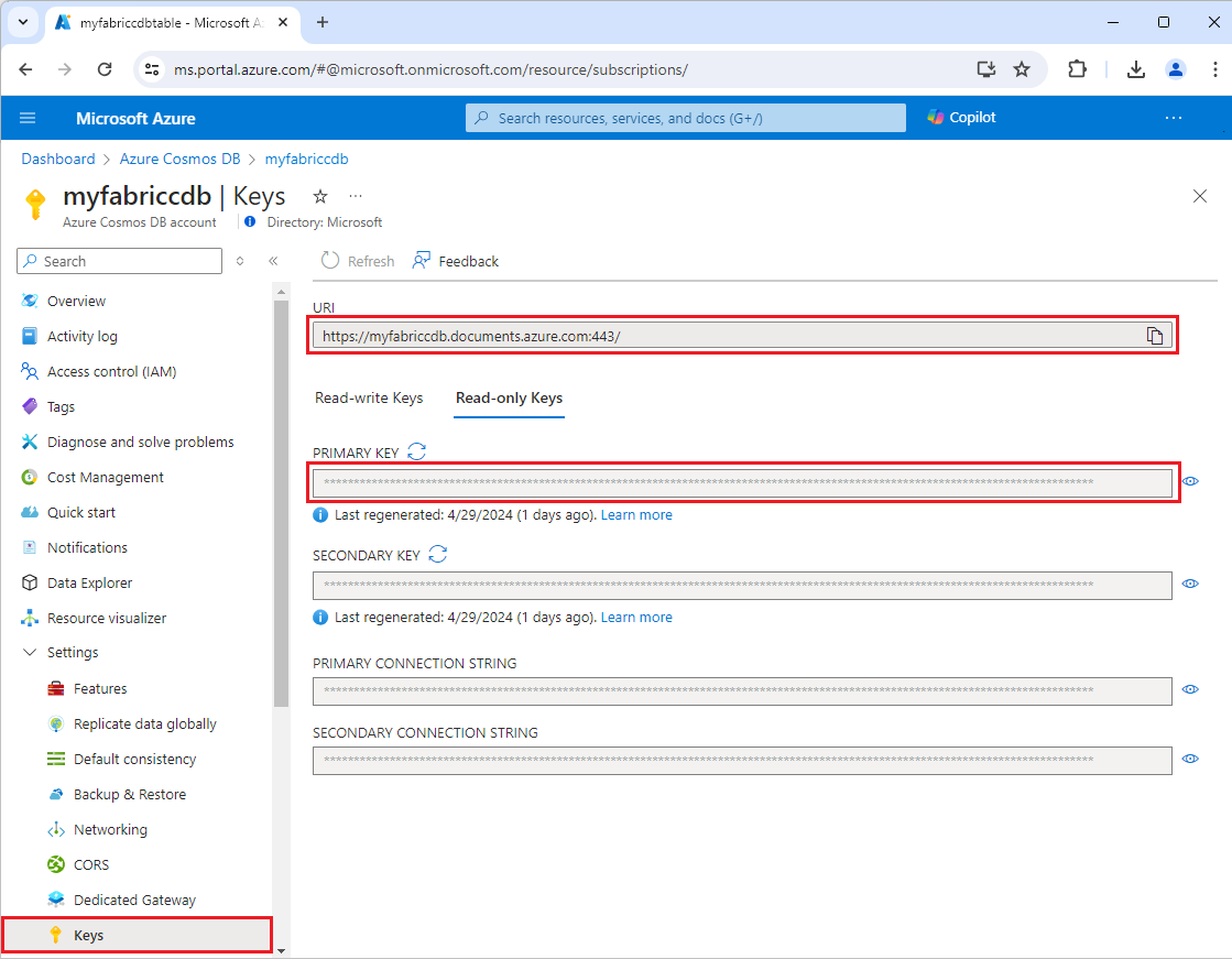 Snímek obrazovky s identifikátorem URI a primárním klíčem na stránce Klíče služby Azure Cosmos DB na webu Azure Portal