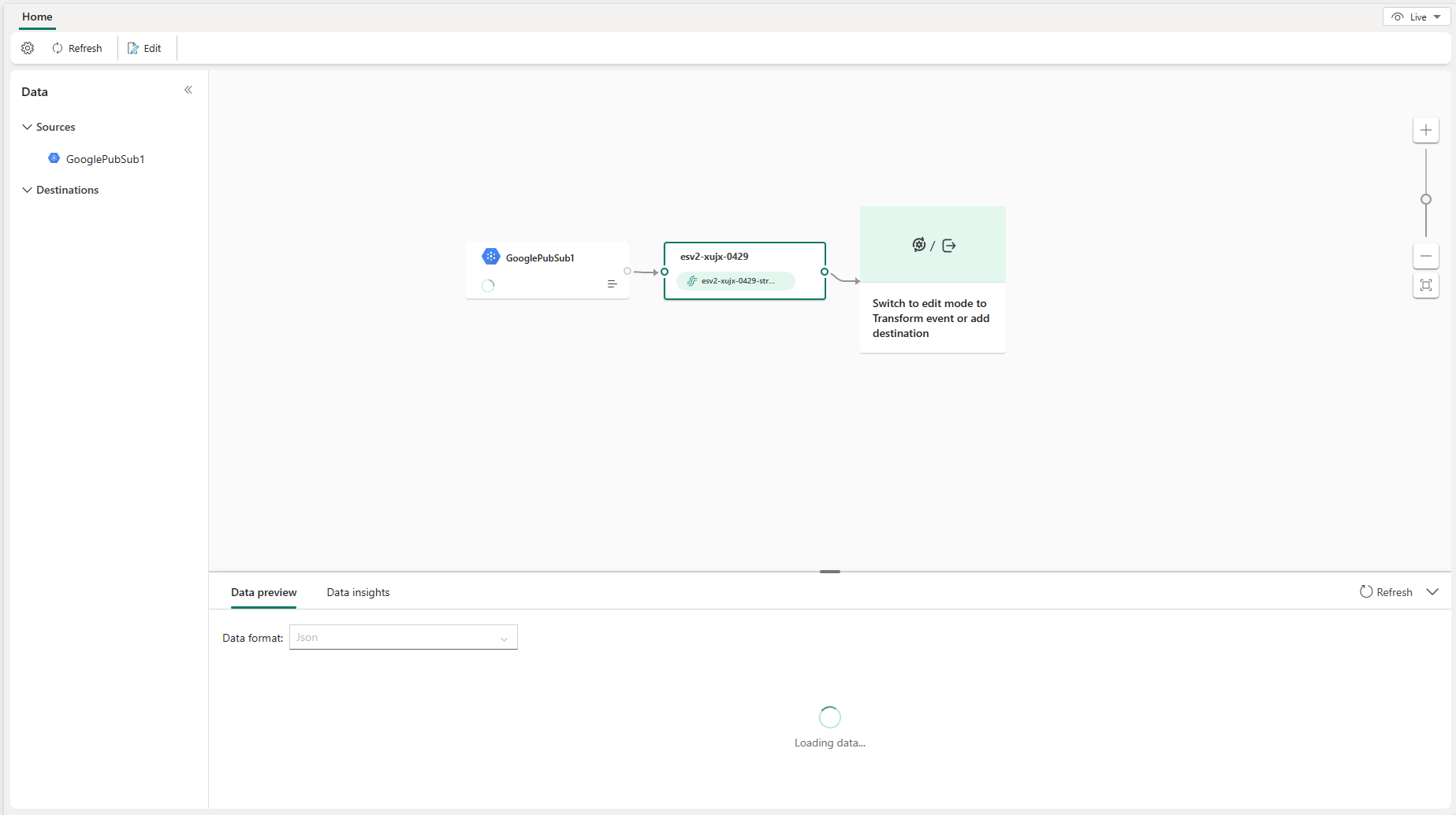 Snímek obrazovky publikovaného streamu událostí s Google Cloud Pub nebo sub source v živém zobrazení