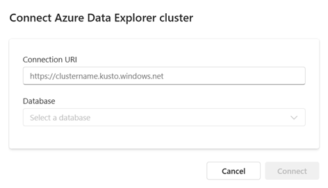 Snímek obrazovky s oknem připojení s identifikátorem URI clusteru Azure Data Exploreru Tlačítko Připojit cluster je zvýrazněné.