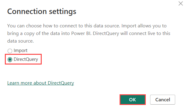 snímek obrazovky s podoknem nastavení připojení se dvěma dostupnými režimy připojení Je vybrán DirectQuery.