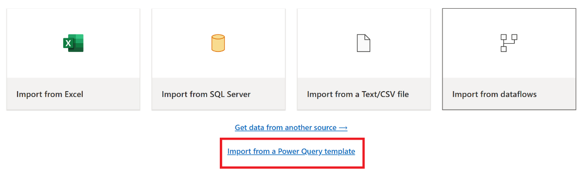 Snímek obrazovky zobrazující aktuální zobrazení se zvýrazněnou šablonou Power Query Import z šablony Power Query