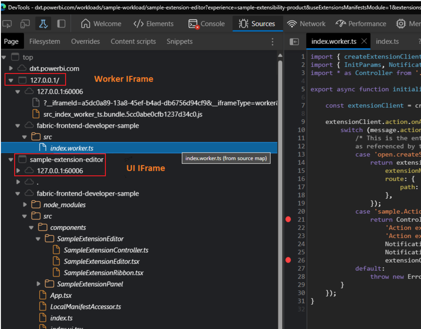 Snímek obrazovky s laděním souborů v editoru Visual Studio Code