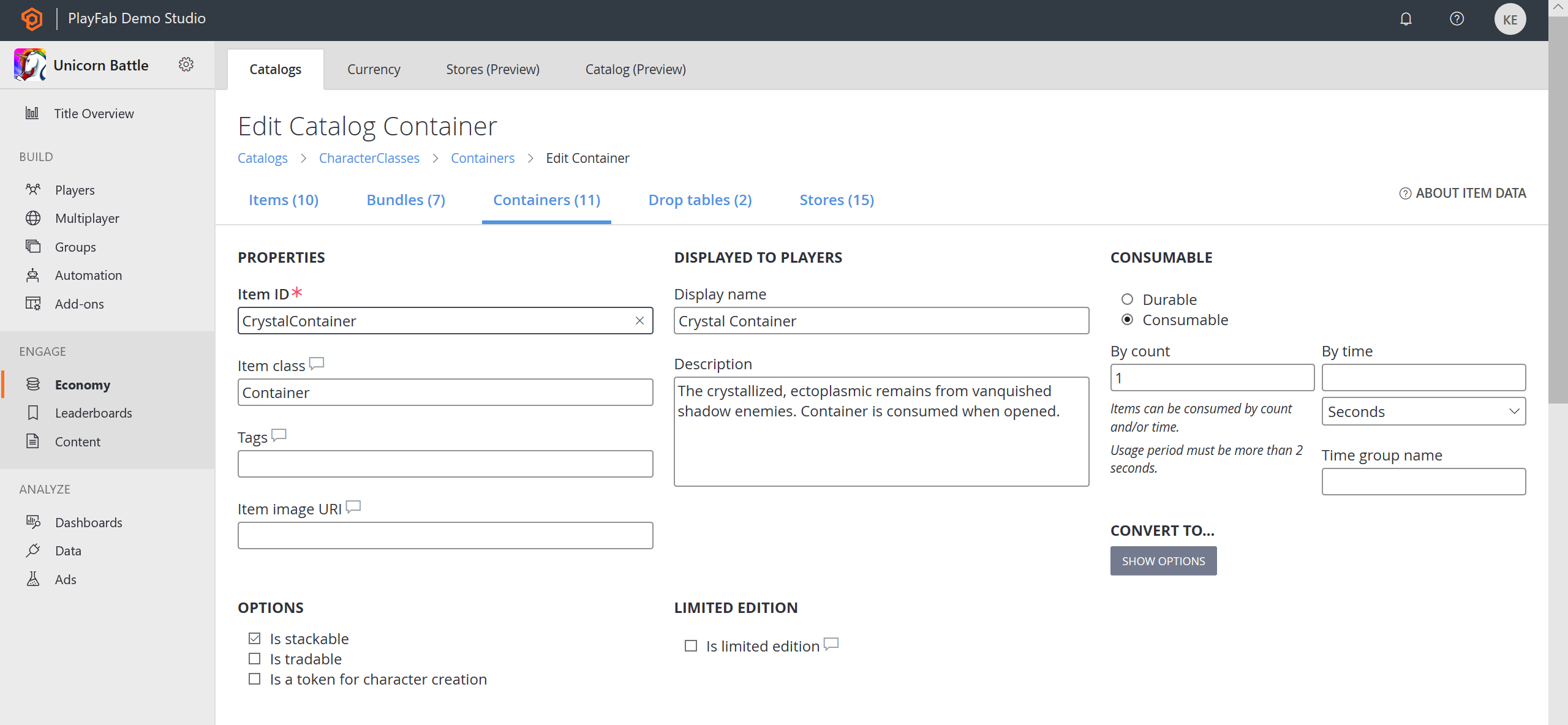 Game Manager - Economy - Catalogs - Edit Container