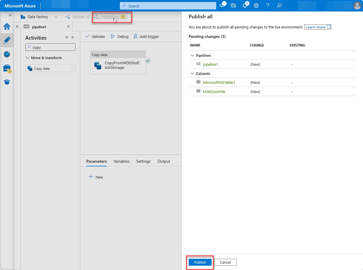 A screenshot of the Azure portal Factory resources page with publish all highlighted.