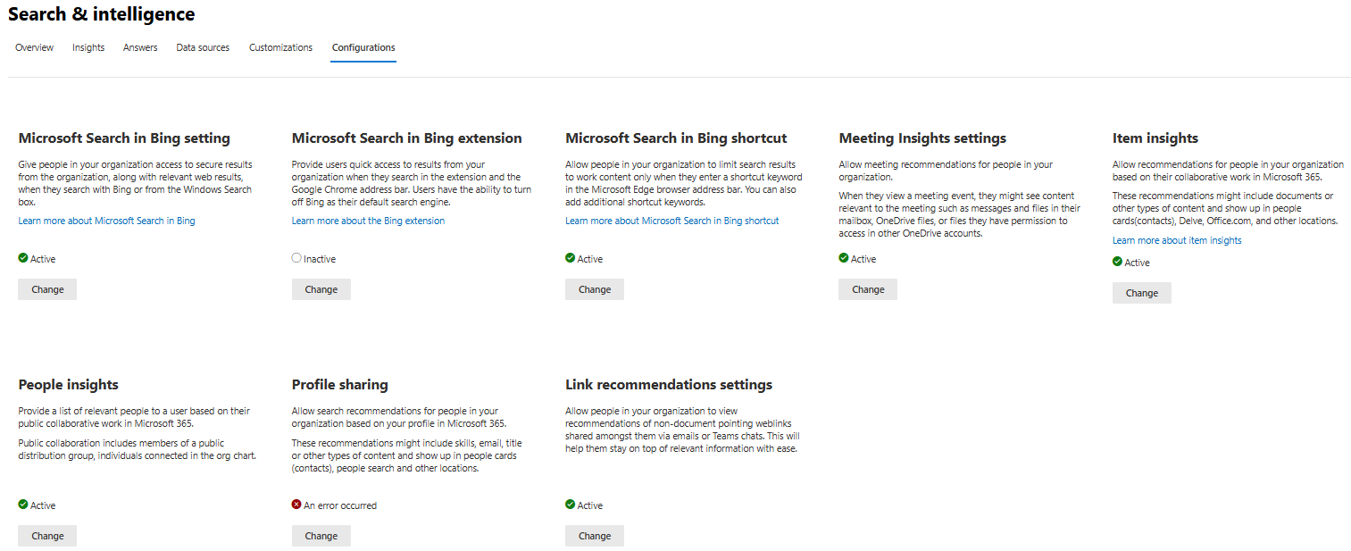 "Search & intelligence" page in the M365 Admin Center, with the "Configurations" tab selected. Item insights, the right-most tile, shows "Active".