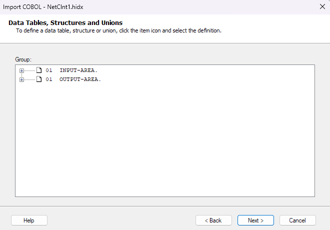 Screenshot shows Data Tables, Structures, and Unions box for IMS.