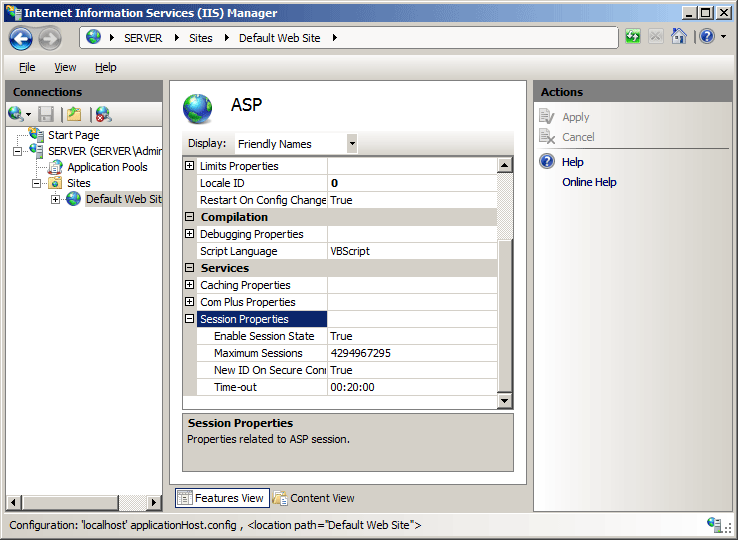 Image of A S P pane with Session Properties section expanded and highlighted.